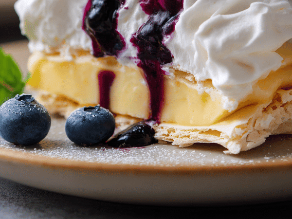 Ahorn-Pavlova mit Blaubeerkompott