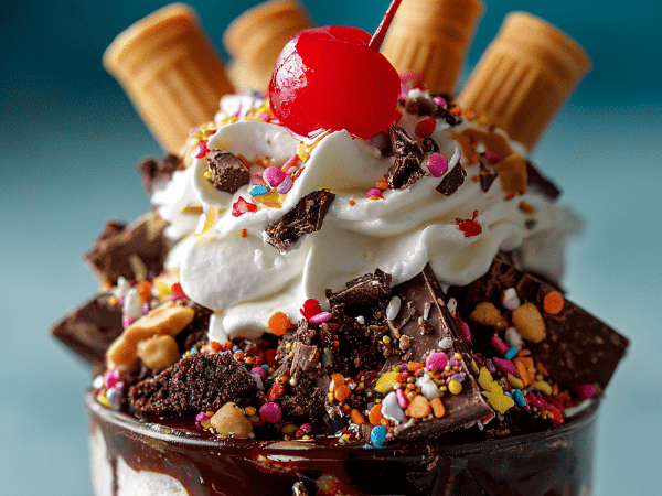 Eiscremesundae mit Erdnuss-Schoko-Knusper