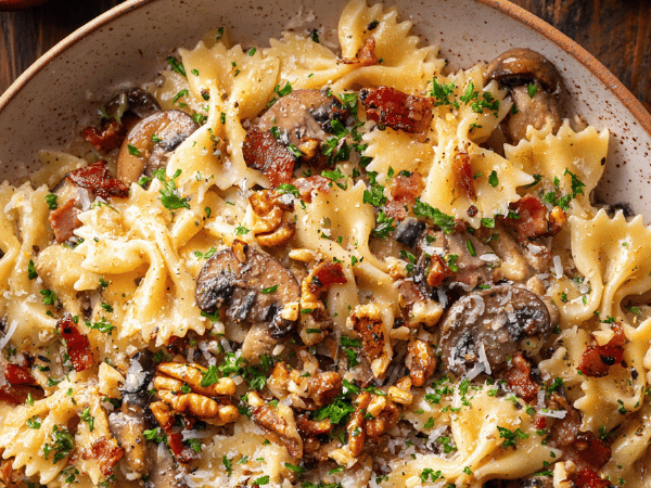 Farfalles mit Pilzen und Pancettachips