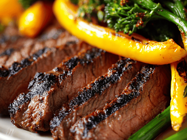 Gegrillte Rinderbavette mit Brokkoli-Paprika-Pfanne