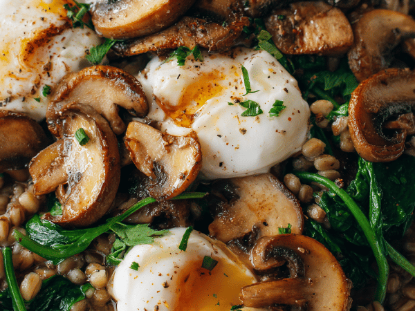 Gerstenpilzsuppe mit pochierten Eiern