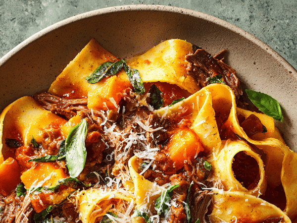 Geschmorte Rindspappardelle mit Kürbis