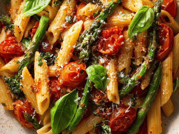 Gestockte Pasta mit Paprika und Spargel