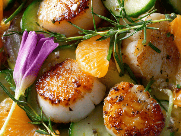 Jakobsmuschel-Orangen-Salat mit Tulpen