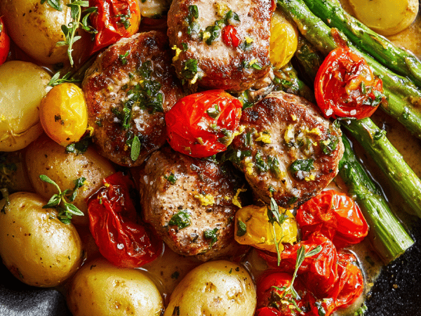 Kalbmedaillons mit Tomaten und Spargel