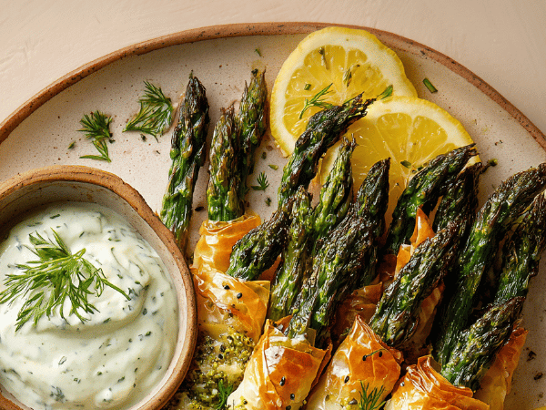 Knusprige Spargelrolle mit Kräutersauce