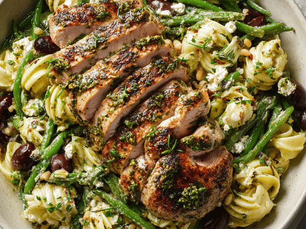 Kräuterfilet mit Joghurt-Pasta