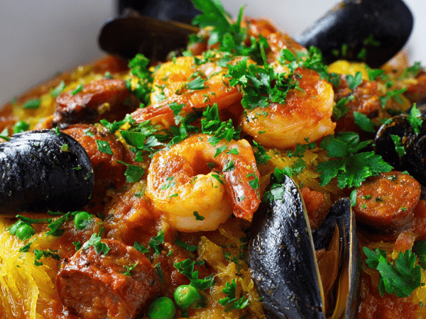 Paella auf Spaghettikürbis