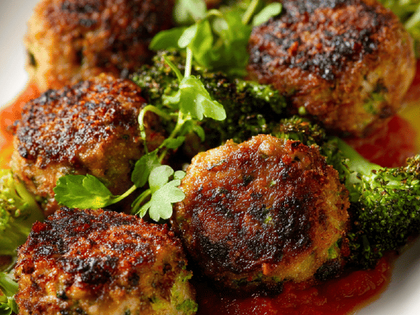 Riesige Fleischküchle mit Brokkoli