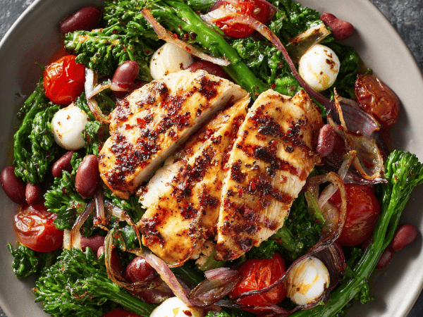 Rote Bohnen Salat mit Rapini und gegrilltem Hähnchen