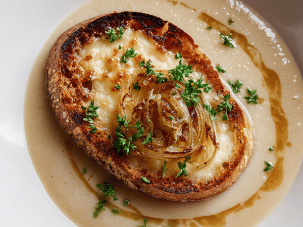 Samtige Zwiebelsuppe mit Rosmarin-Croûtons
