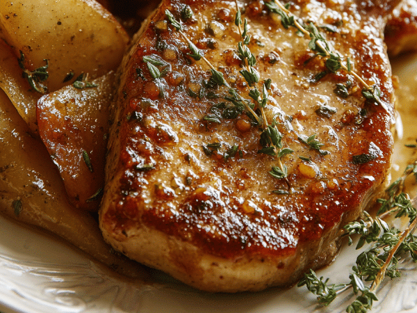 Schweinekoteletts mit karamellisierten Birnen