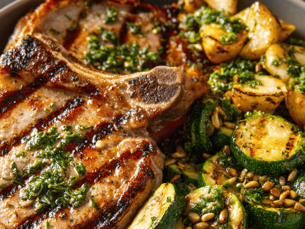 Schweinekoteletts mit gebratenen Zucchinis