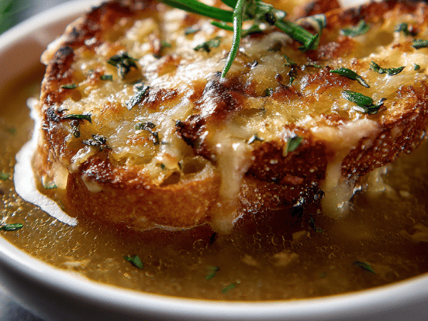 Überbackene Zwiebelsuppe mit Rotwein