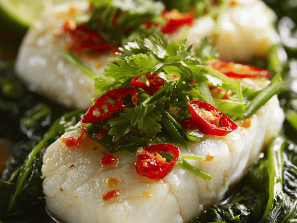 Weißfisch im Ingwer-Sud mit Mangold